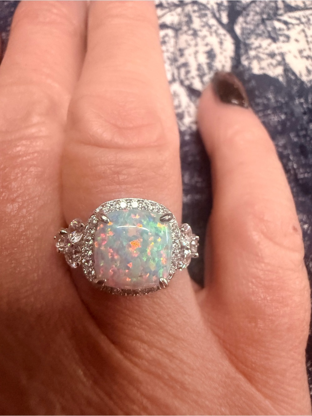 Opal Cushion Halo Ring in White Opal and Silver